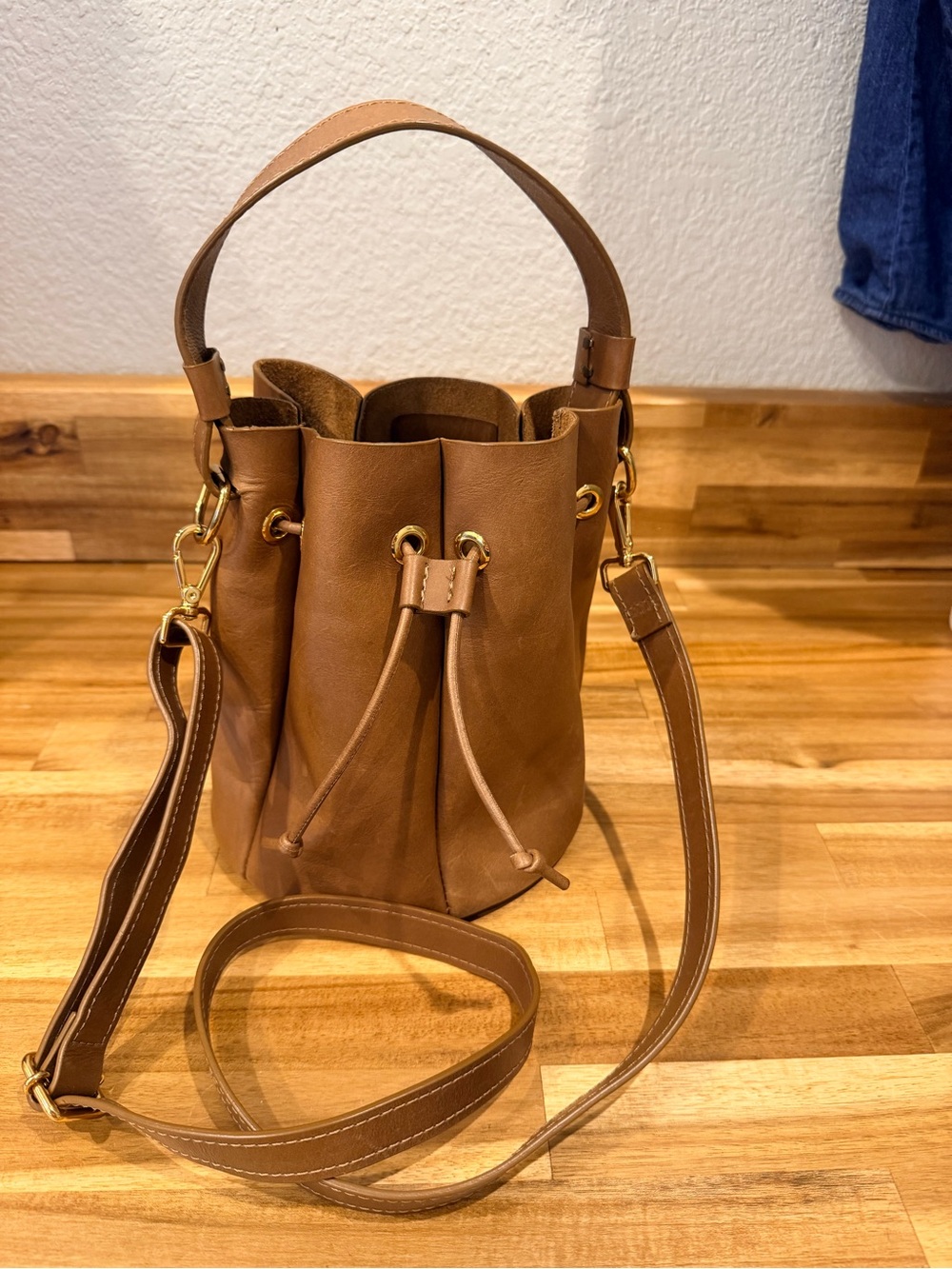 Able Tan Leather Drawstring Bucket Crossbody Bag- small